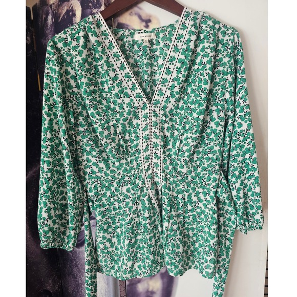 Max Studio Floral Print Tie Waist Blouse Top Green White Womens Small - Picture 1 of 8